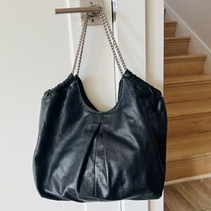 Elie Tahari Black Leather Shoulder Bag with Chain Strap – Silver Hardware
